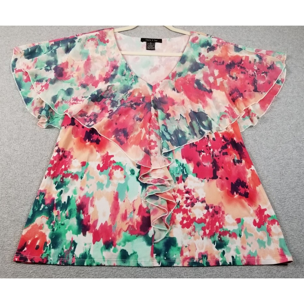 Adele & May Blouse Womens XL Floral Flutter Sleeve V-Neck Chiffon Spring Stretch